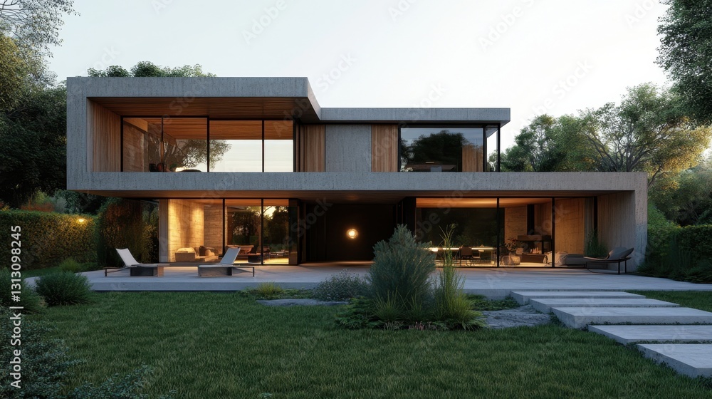 A stylish minimalist home exterior with a combination of concrete, wood, and glass elements. A stylish minimalist home exterior with a combination of concrete, wood, and glass elements.