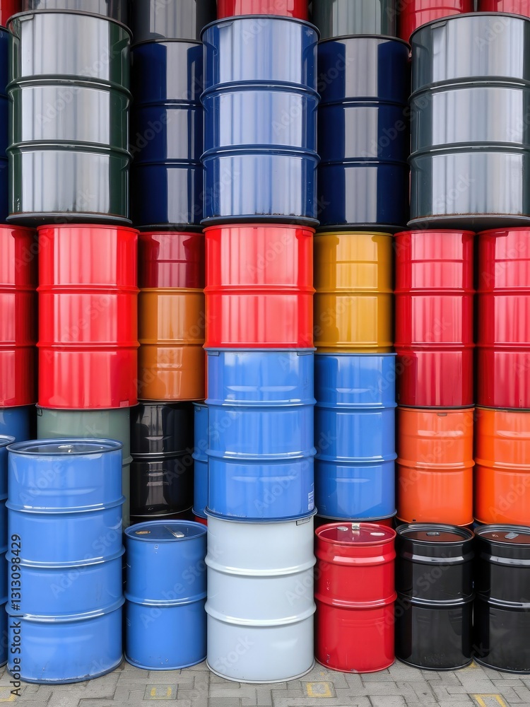 Oil barrels and chemical drums stacked up in a neat and organized pattern, oil, resource, environment Oil barrels and chemical drums stacked up in a neat and organized pattern, oil, resource, environment