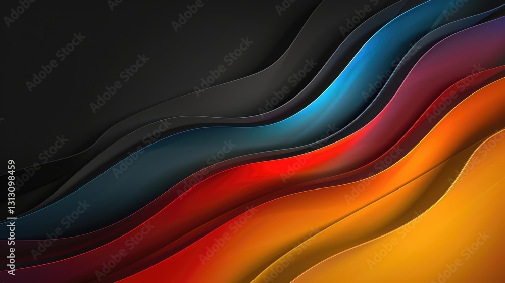 Abstract wavy design featuring vibrant colors like blue, red, and orange on a dark background, suitable for digital art