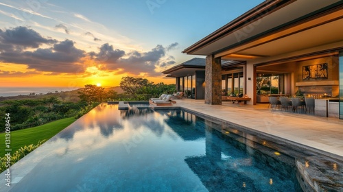 A stylish modern home with sliding glass doors opening to an infinity pool and scenic sunset.