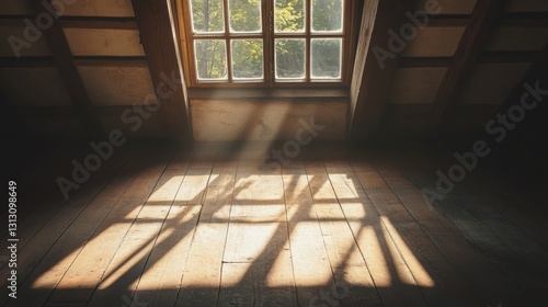 A sunlit attic with a classic wooden window frame  casting soft shadows on the floor.