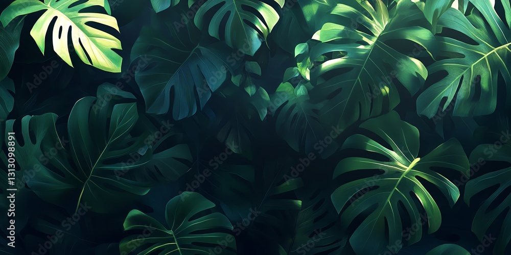 Lush Green Foliage With Large Leaves Creating a Tropical Atmosphere in an Outdoor Setting Lush Green Foliage With Large Leaves Creating a Tropical Atmosphere in an Outdoor Setting