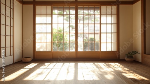 A traditional Japanese shoji window  letting soft natural light filter into a minimalist room.