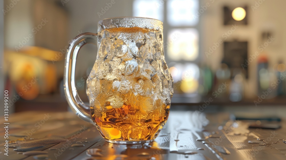 A frosty glass mug filled with golden beer sits on a wooden table, with droplets of condensation and a cozy bar background