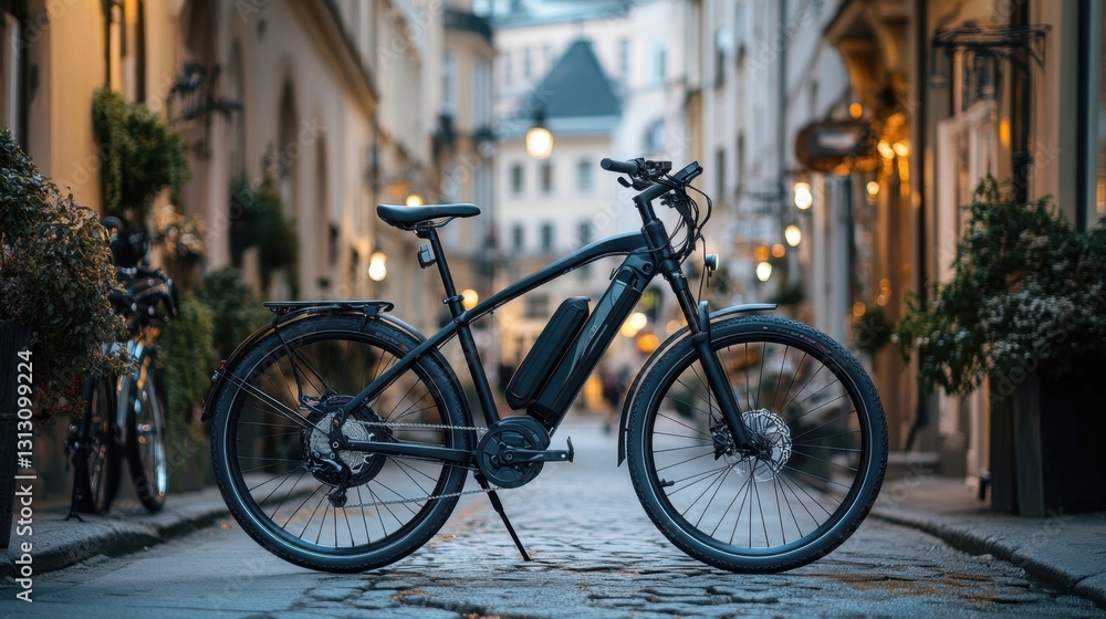 Electric bicycle parked on a cobblestone street in an old city, representing eco-friendly transportation and modern mobility in an urban setting Electric bicycle parked on a cobblestone street in an old city, representing eco-friendly transportation and modern mobility in an urban setting