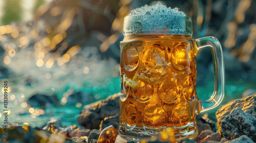 A refreshing glass of beer filled with ice sits beside a sparkling stream, with sunlight filtering through trees in the background
