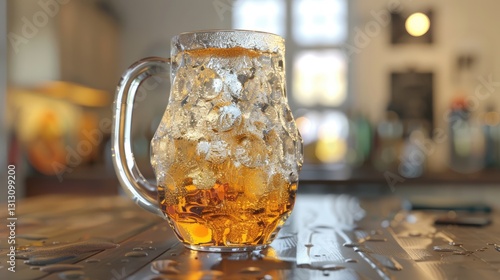 Obraz na płótnie A frosty glass mug filled with golden beer sits on a wooden table, with droplets of condensation and a cozy bar background w salonie