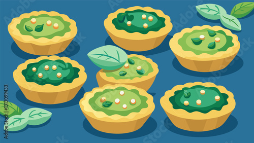 The classic bridal shower snack fluffy baby quiches filled with spinach and feta cheese.. Vector illustration