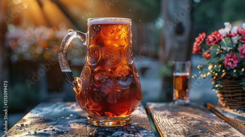 A frosty beer mug sits on a rustic wooden table amidst a vibrant garden, capturing a refreshing summer vibe
