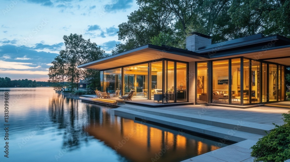 A tranquil lakeside glass house, featuring an open patio, warm lighting, and scenic water reflections. A tranquil lakeside glass house, featuring an open patio, warm lighting, and scenic water reflections.