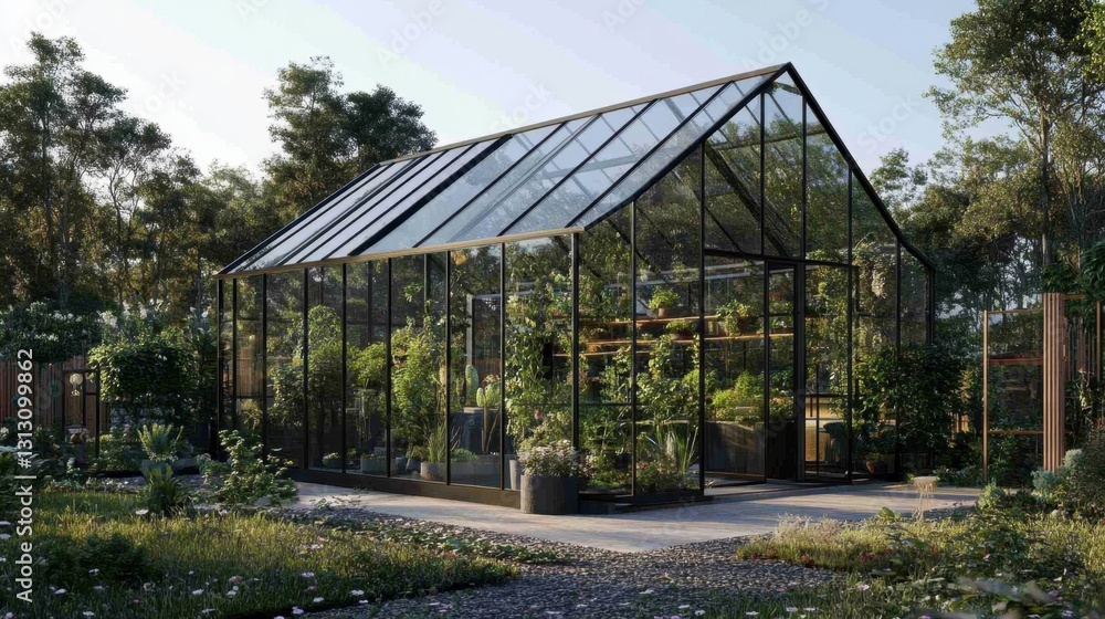 A transparent glass greenhouse-style home with plants inside, creating a unique biophilic living space. A transparent glass greenhouse-style home with plants inside, creating a unique biophilic living space.
