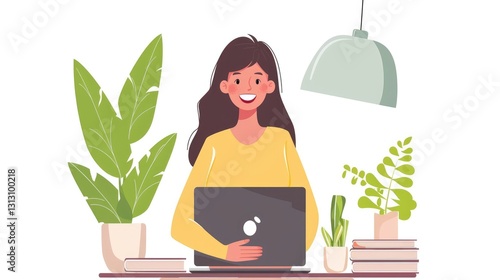 Obraz na płótnie A cheerful woman working on a laptop at home surrounded by lush indoor plants and a bright lamp w salonie