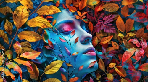 A serene, artistic portrayal of a woman's face surrounded by vibrant autumn leaves, blending nature and beauty