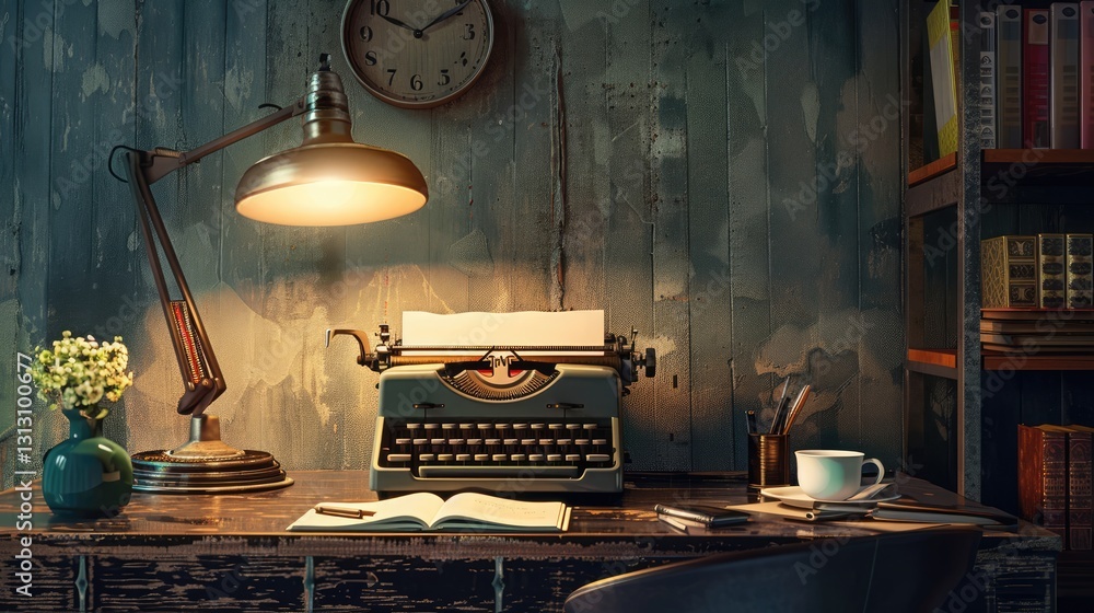 Vintage typewriter on a rustic desk with warm lighting, bookshelves, and a clock in a cozy study environment
