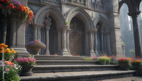 Ornate grey stone church with intricate carvings and colorful flowers in the foreground  intricate carvings  grey stone fa  ade