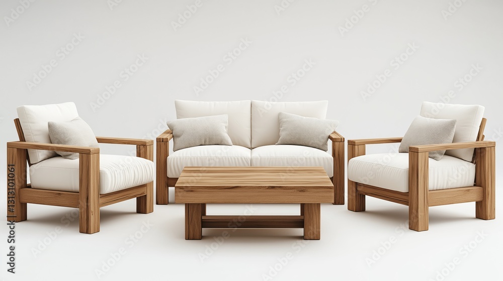 Cubic wooden coffee table between white sofa and armchairs. Scandinavian style home interior design of modern living room. Cubic wooden coffee table between white sofa and armchairs. Scandinavian style home interior design of modern living room.