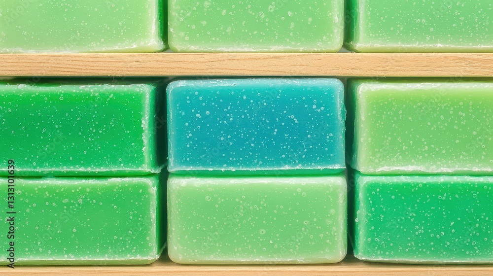 Fototapeta premium Assorted Green Soap Bars with a Single Blue Bar in Display