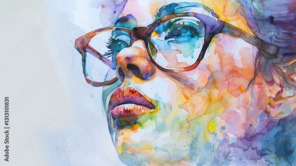 A vibrant watercolor portrait of a woman with glasses, gazing thoughtfully into the distance amidst colorful splashes