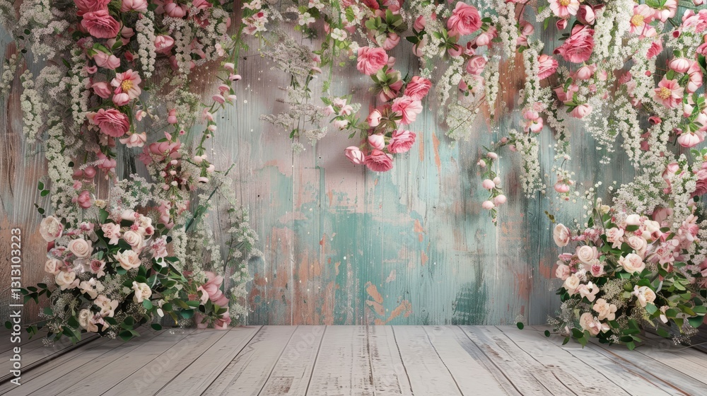 Beautiful floral backdrop featuring cascading pink roses and white blossoms against a rustic wooden wall