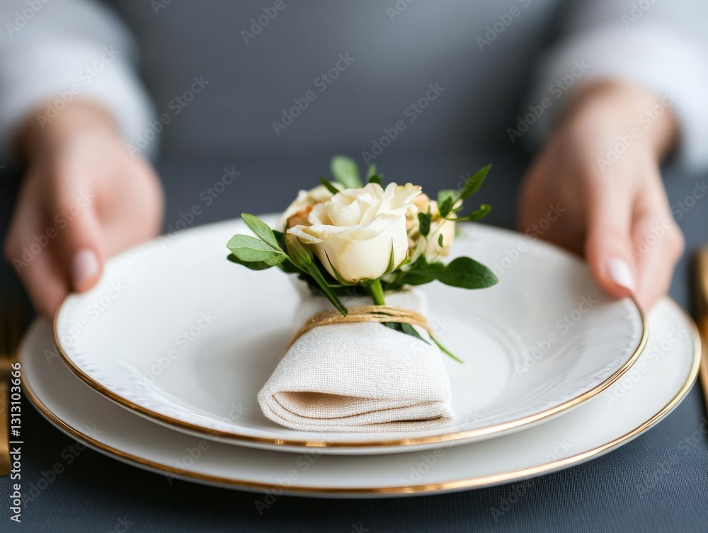 Hands placing wedding plate with flowers Hands placing wedding plate with flowers