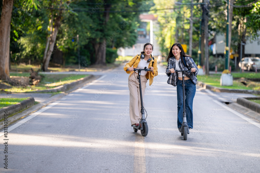 Obraz premium Two women riding scooters down a street