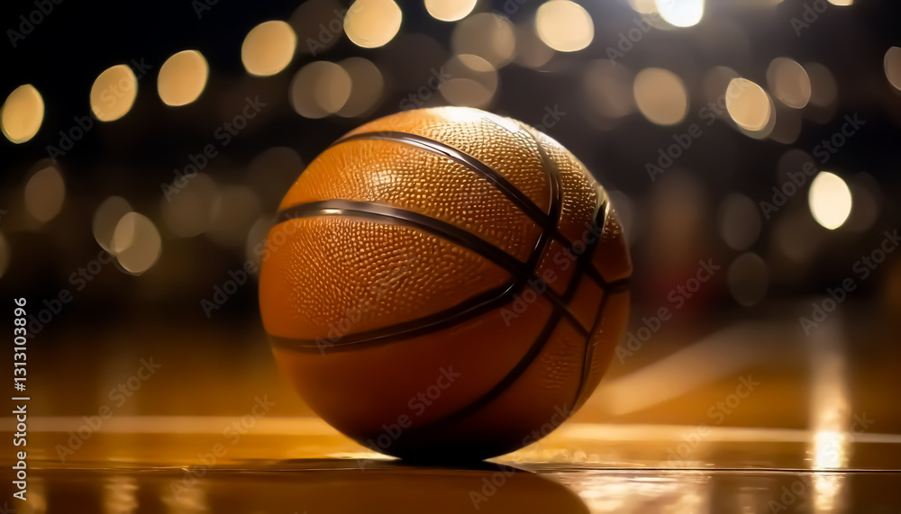 Close-Up of Basketball on Court with Bokeh Lights in Background Close-Up of Basketball on Court with Bokeh Lights in Background