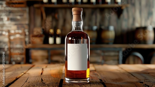 A clear glass bottle filled with amber liquid sits on a rustic wooden table in a cozy distillery setting