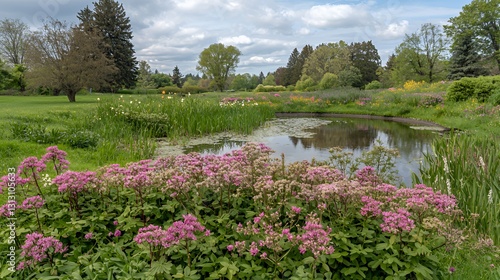 Serene Garden Landscape with Pink Flowers and Pond