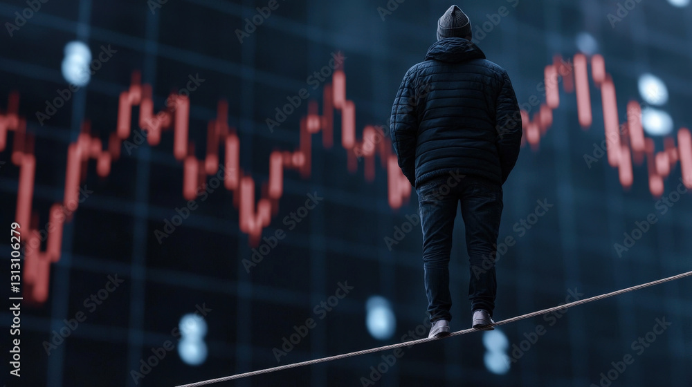 Leverage Trading Risk Concept, Man Balancing on Tightrope Against Stock Market Chart Leverage Trading Risk Concept, Man Balancing on Tightrope Against Stock Market Chart