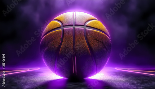 Glowing Basketball with Purple and Yellow Highlights in Smoky Background