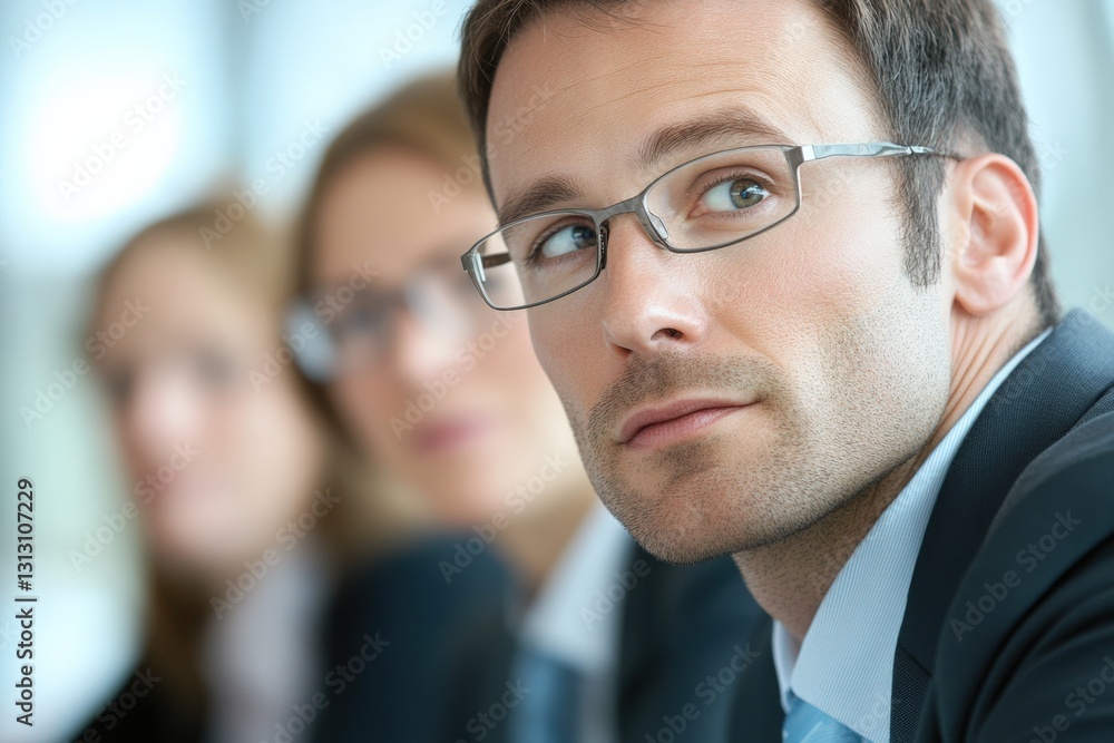 Businessman looking aside with colleagues Businessman looking aside with colleagues