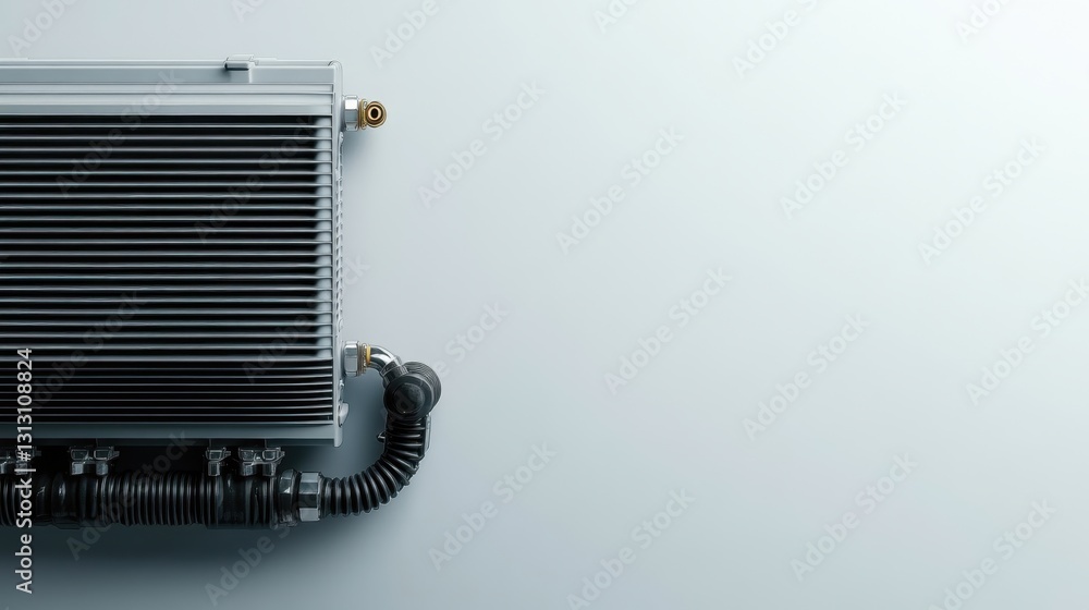 Fototapeta premium A close-up of an automotive cooler with a metal body and pipes, showcasing detailed components. Ideal for automotive repair services, cooling system products, and maintenance equipment for vehicle sys