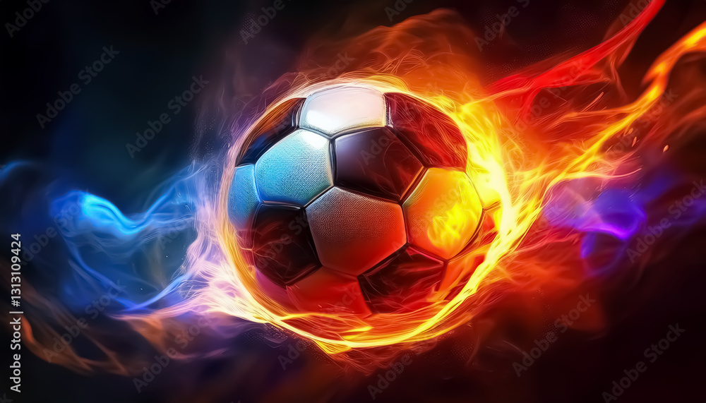 Fototapeta premium Fiery Soccer Ball on Colorful Fire with Vibrant Flames