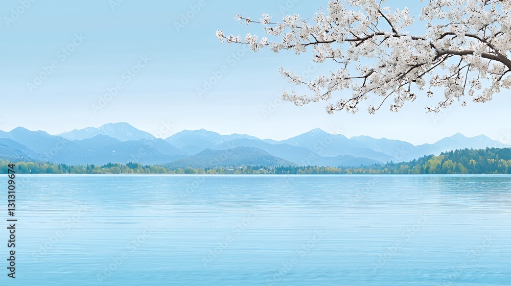 Serene Lake Landscape with Blooming Tree and Mountain View Serene Lake Landscape with Blooming Tree and Mountain View