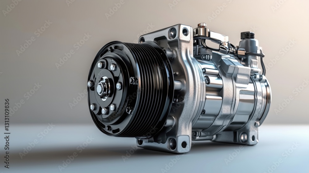 A close-up view of an automotive air compressor with a metal casing and intricate details. This image highlights the precision engineering of automotive components, ideal for product catalogs, repair A close-up view of an automotive air compressor with a metal casing and intricate details. This image highlights the precision engineering of automotive components, ideal for product catalogs, repair