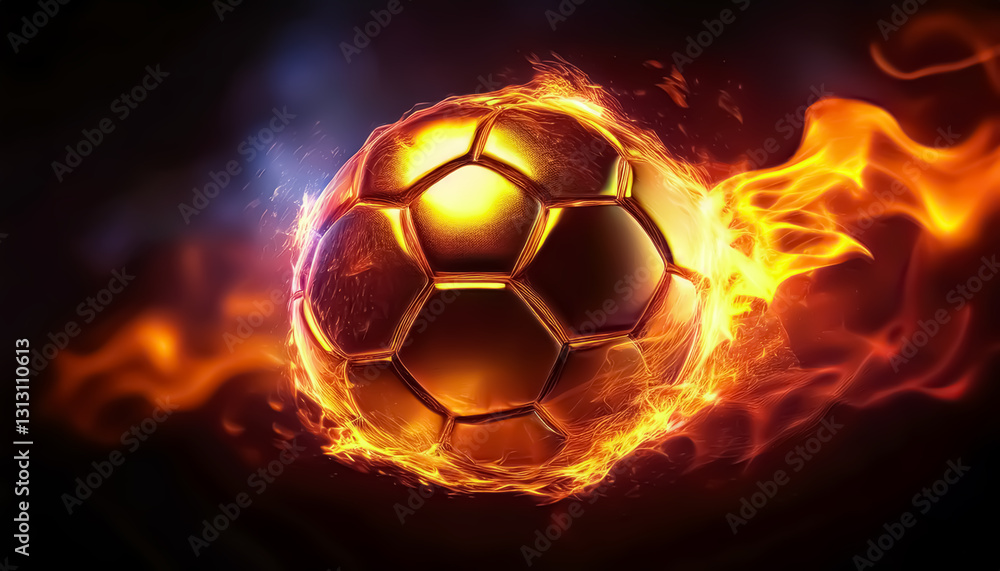 Fototapeta premium Gold Soccer Ball on Fire, Fiery Soccer Ball Ignites with Passionate Flames - Dynamic Sports Art