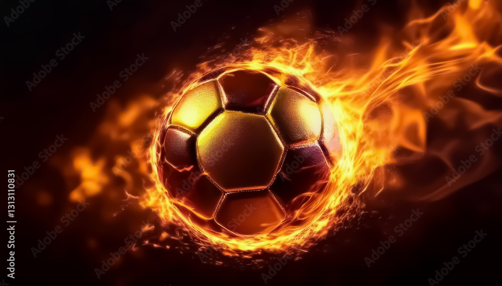 Naklejka premium Gold Soccer Ball on Fire, Fiery Soccer Ball Ignites with Passionate Flames - Dynamic Sports Art