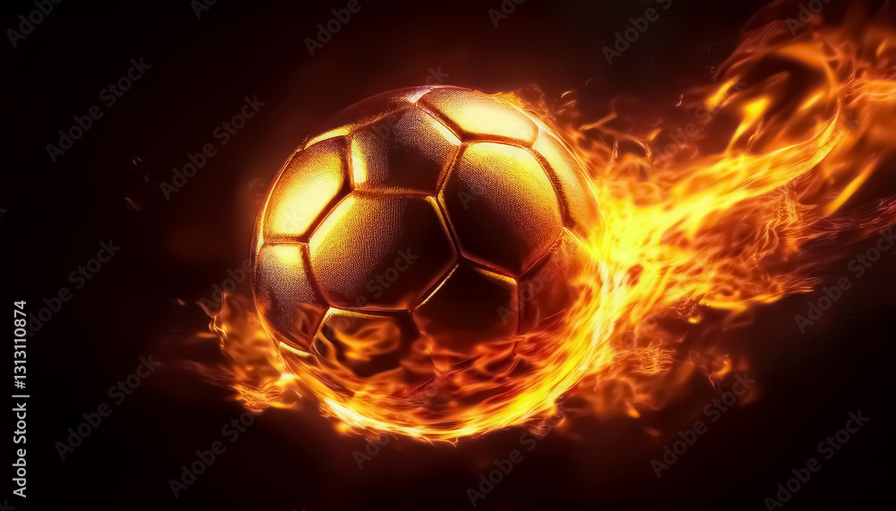 Fototapeta premium Gold Soccer Ball on Fire, Fiery Soccer Ball Ignites with Passionate Flames - Dynamic Sports Art