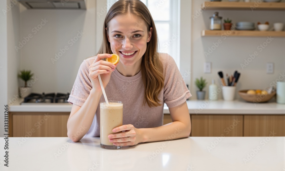 Smiling Caucasian Woman in Light Purple Shirt Enjoying a Refreshing Drink with an Orange Slice in a Modern Kitchen Setting, Showcasing a Casual and Inviting Atmosphere Smiling Caucasian Woman in Light Purple Shirt Enjoying a Refreshing Drink with an Orange Slice in a Modern Kitchen Setting, Showcasing a Casual and Inviting Atmosphere