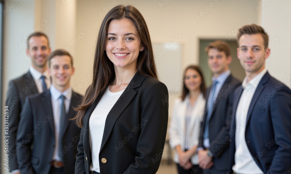 A Confident Young Female Business Professional Leading a Team in a Modern Office Environment with Five Colleagues in Formal Attire A Confident Young Female Business Professional Leading a Team in a Modern Office Environment with Five Colleagues in Formal Attire