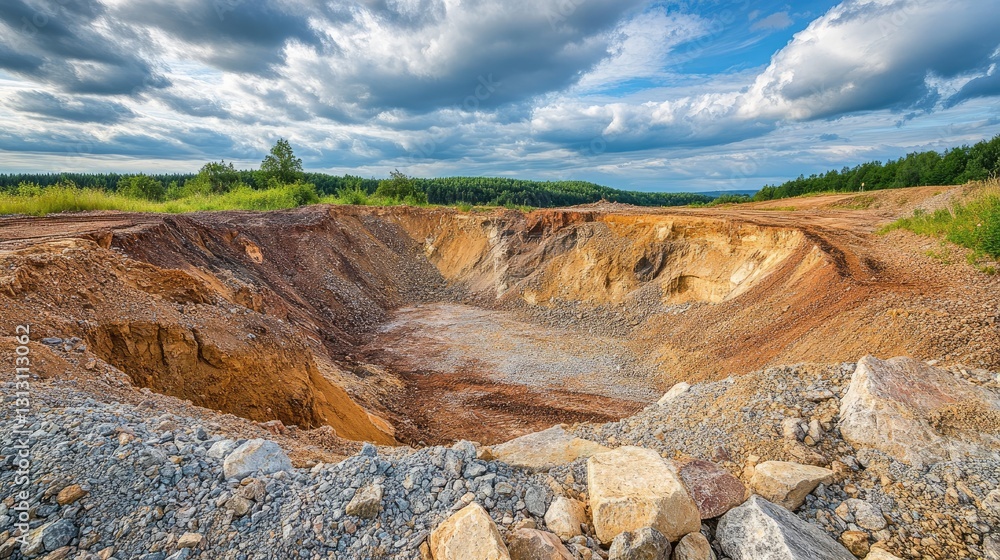 Obraz premium Rugged outdoor mining field with excavated gemstone-rich soil and rocks.