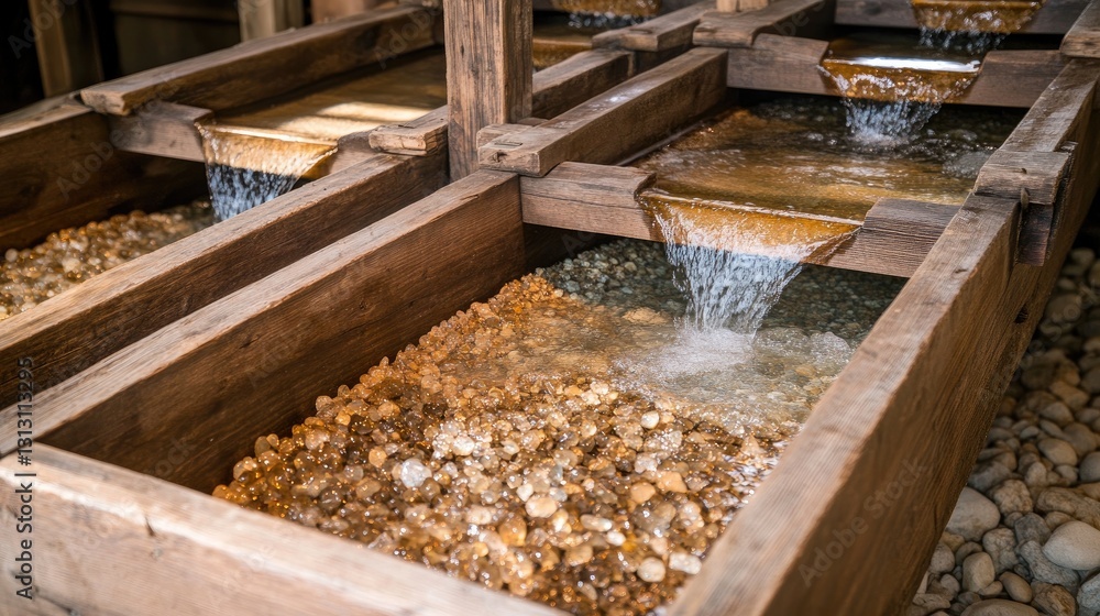 Rustic wooden mining sluice with water flowing over gravel, revealing hidden gemstones. Rustic wooden mining sluice with water flowing over gravel, revealing hidden gemstones.