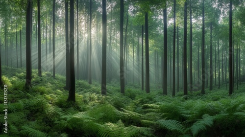Sunlight Streams Through Dense Forest of Tall Trees with Lush Green Undergrowth