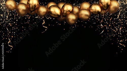 Black and gold balloon with gold confetti isolated black background