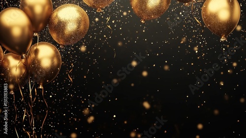 Black and gold balloon with gold confetti isolated black background