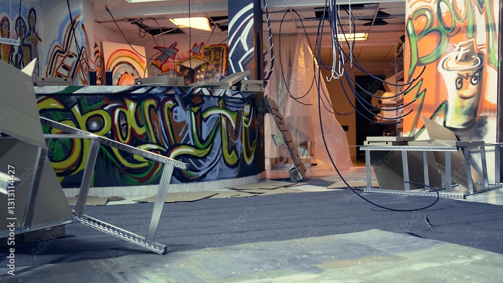 Φωτογραφία Trucking right shot of abandoned basement with graffiti drawings on walls and hanging electric cables