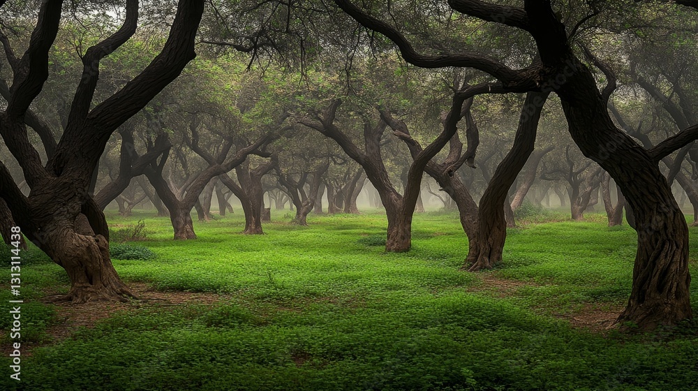 Fototapeta premium Trees stand amidst green field in the forest with a foggy atmosphere