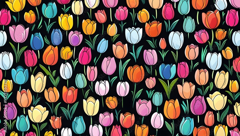 A vibrant cartoon flower field filled with colorful tulips against a black background. A vibrant cartoon flower field filled with colorful tulips against a black background.