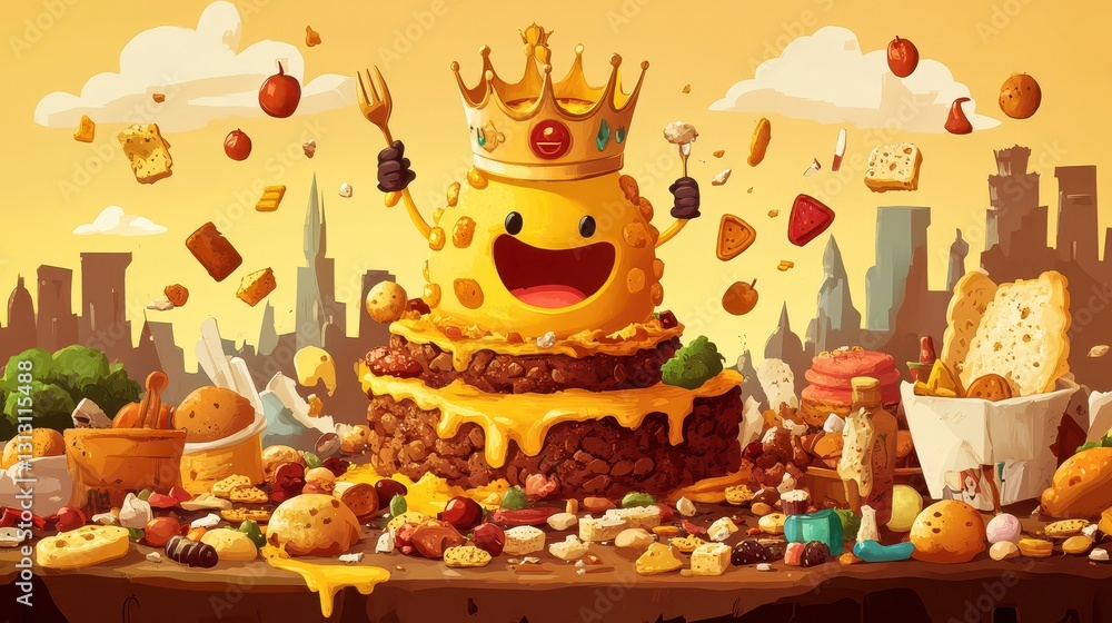 Obraz premium Animated food character with a golden crown surrounded by meals