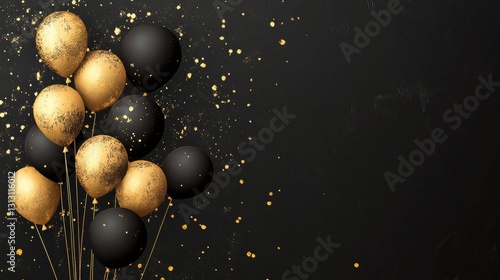 black birthday card with golden ballons
